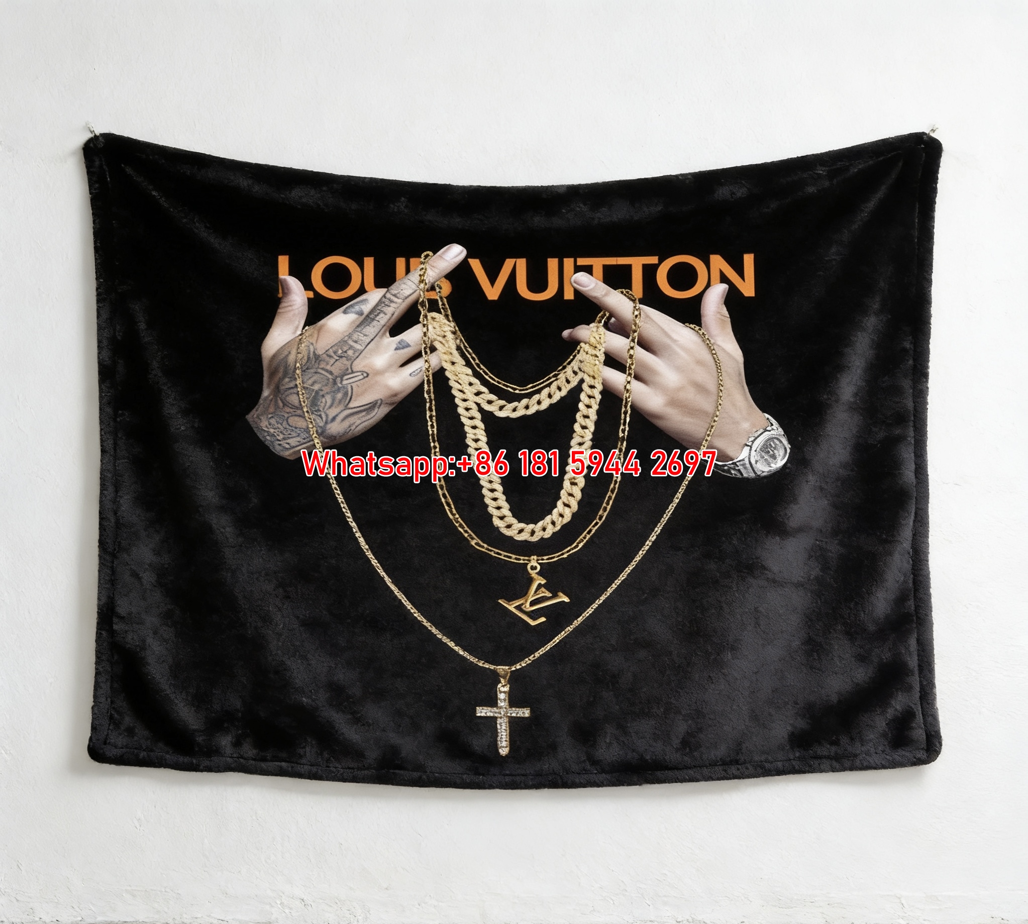 LV Gold Chains & Hands Blanket Luxury LV Necklaces Art Throw 228